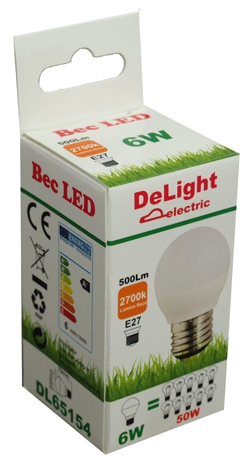 Bec Led Sferic E27, model G45, 6W=50W, lumina calda