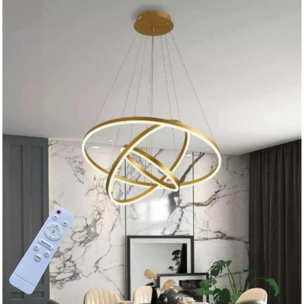 Lustra LED Suspendata Aluminiu 150W – 9800lm, Telecomanda, 3 Cercuri Ajustabile