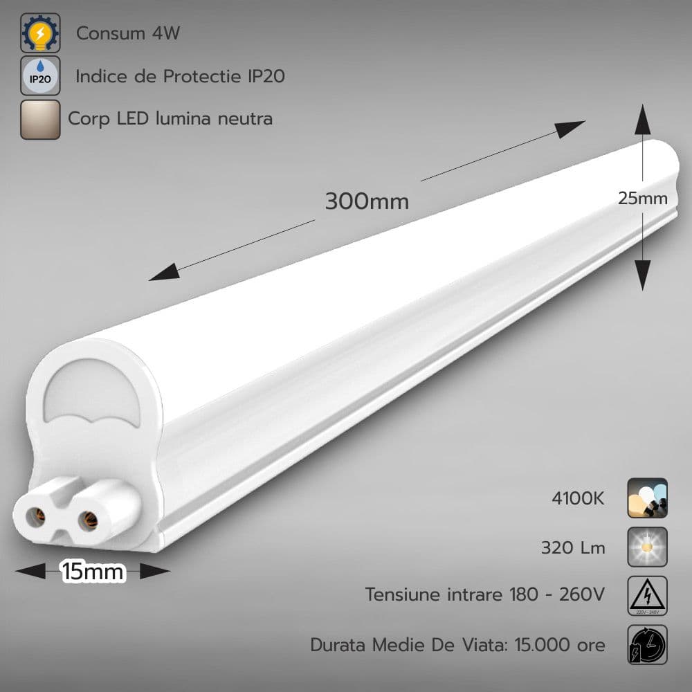 Corp Led T5 cu intrerupator, 4W=8W, 4100K, lumina neutra