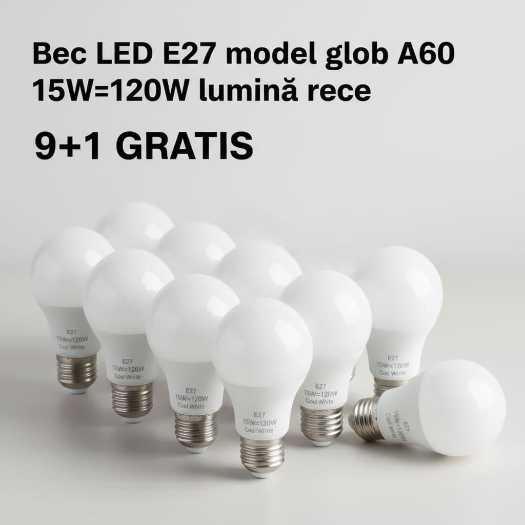Bec Led E27 model glob A60 15W=120W lumina rece 9+1 GRATIS