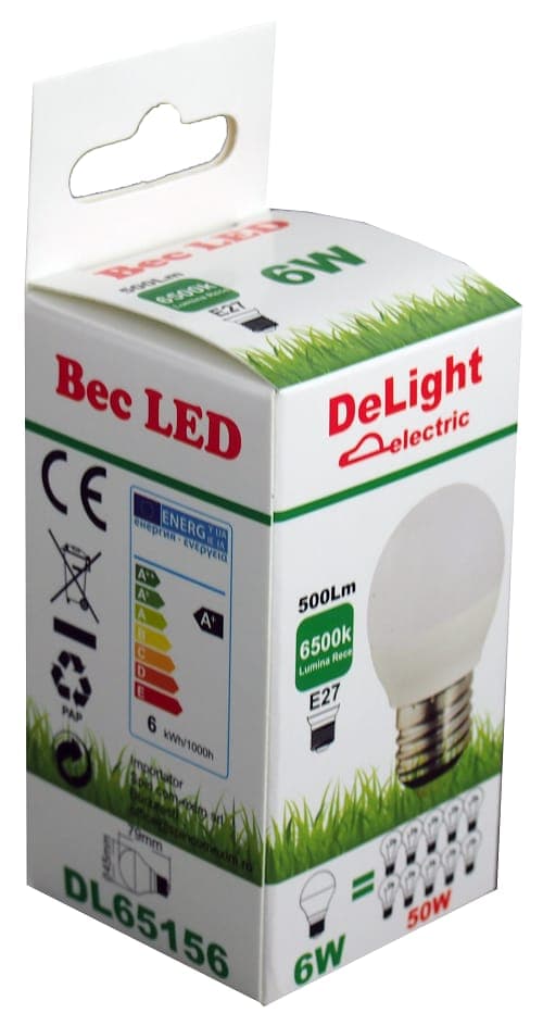 Bec Led Sferic E27, model G45, 6W=50W, lumina rece