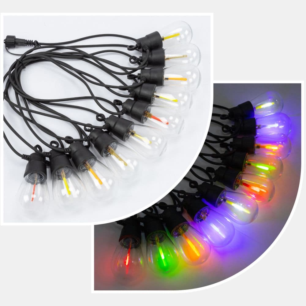 Detaliu cu becuri RGB si specificații tehnice ale ghirlandei.