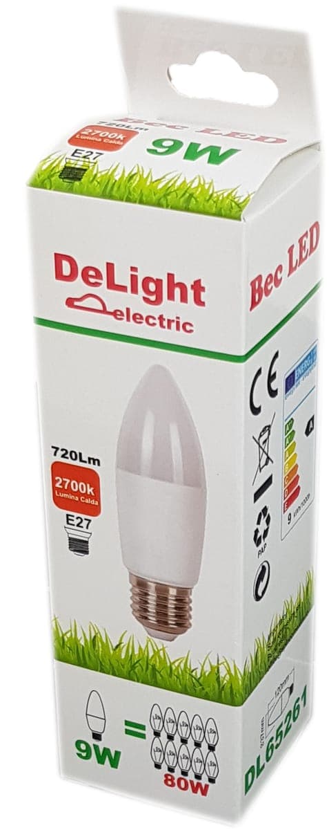Bec Led Lumanare E27, model C37, 9W=80W, lumina calda