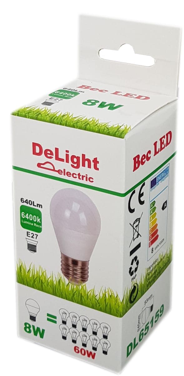 Bec Led Sferic E27, model G45, 8W=60W, lumina rece