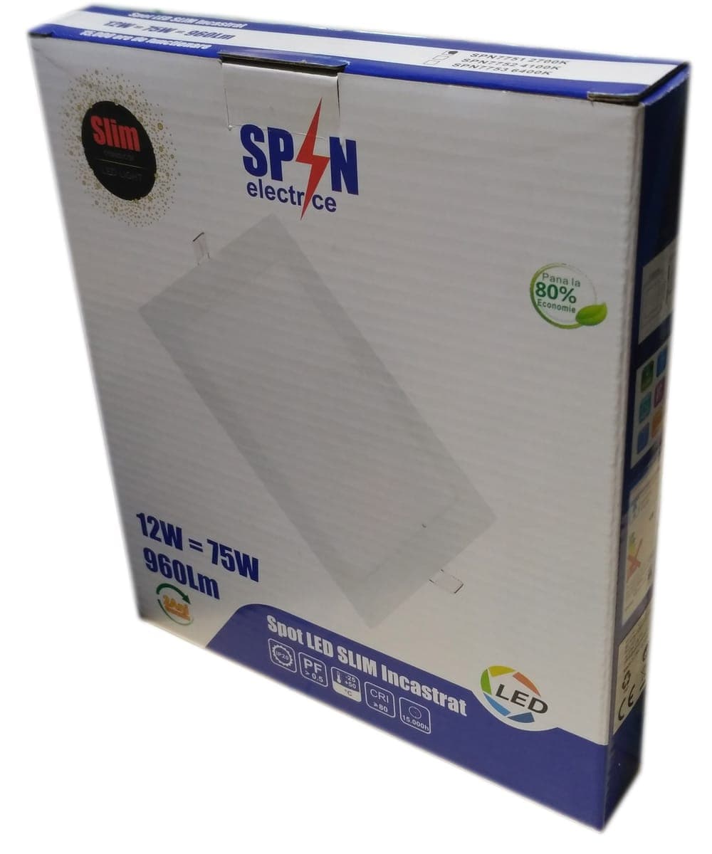 Spot Led Slim incastrat Patrat 166x166mm, 12W=75W, 6400K, lumina rece