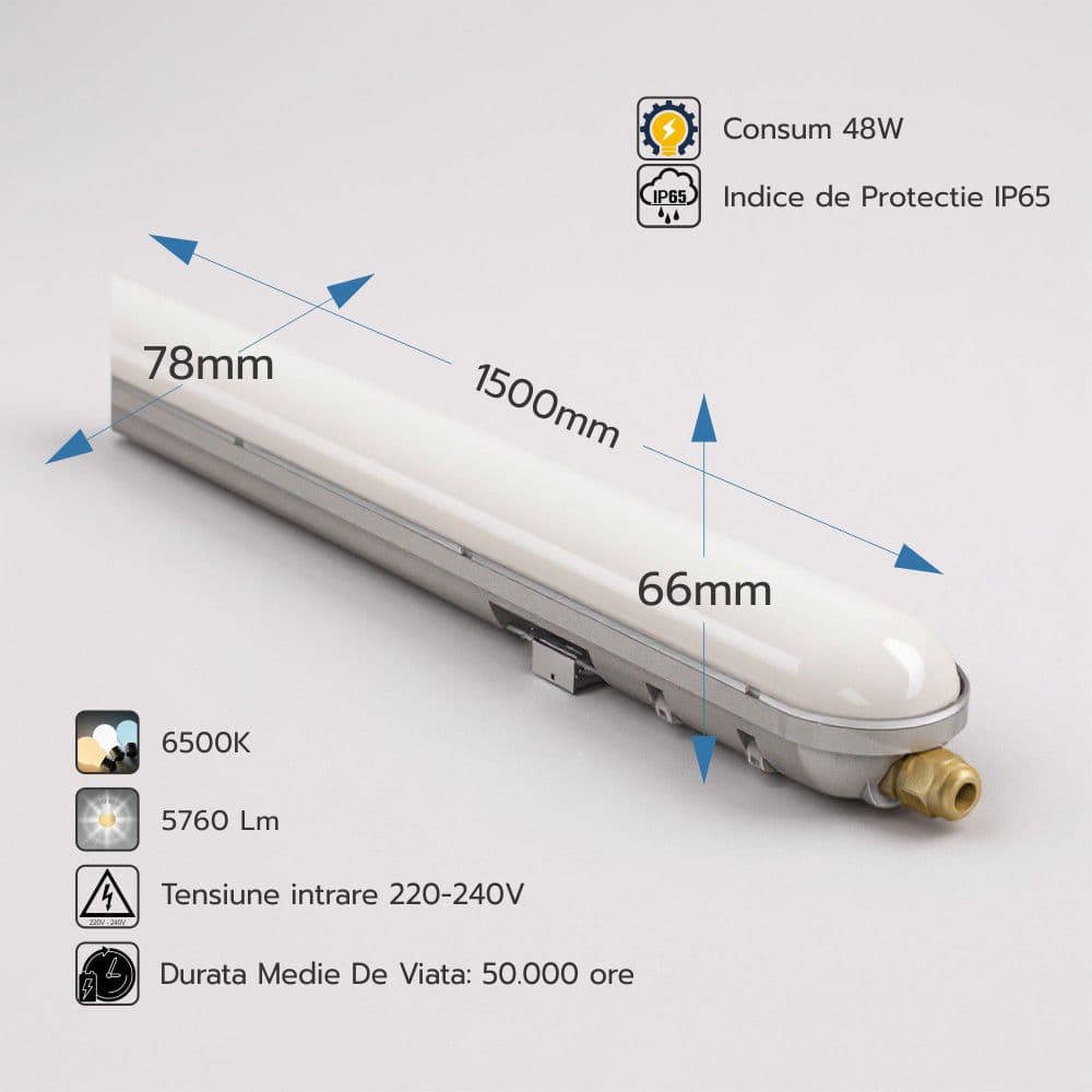 Corp IP65 LED liniar industrual 48W=96W, 6500k, lumina rece, 120 LM/W, 1500mm