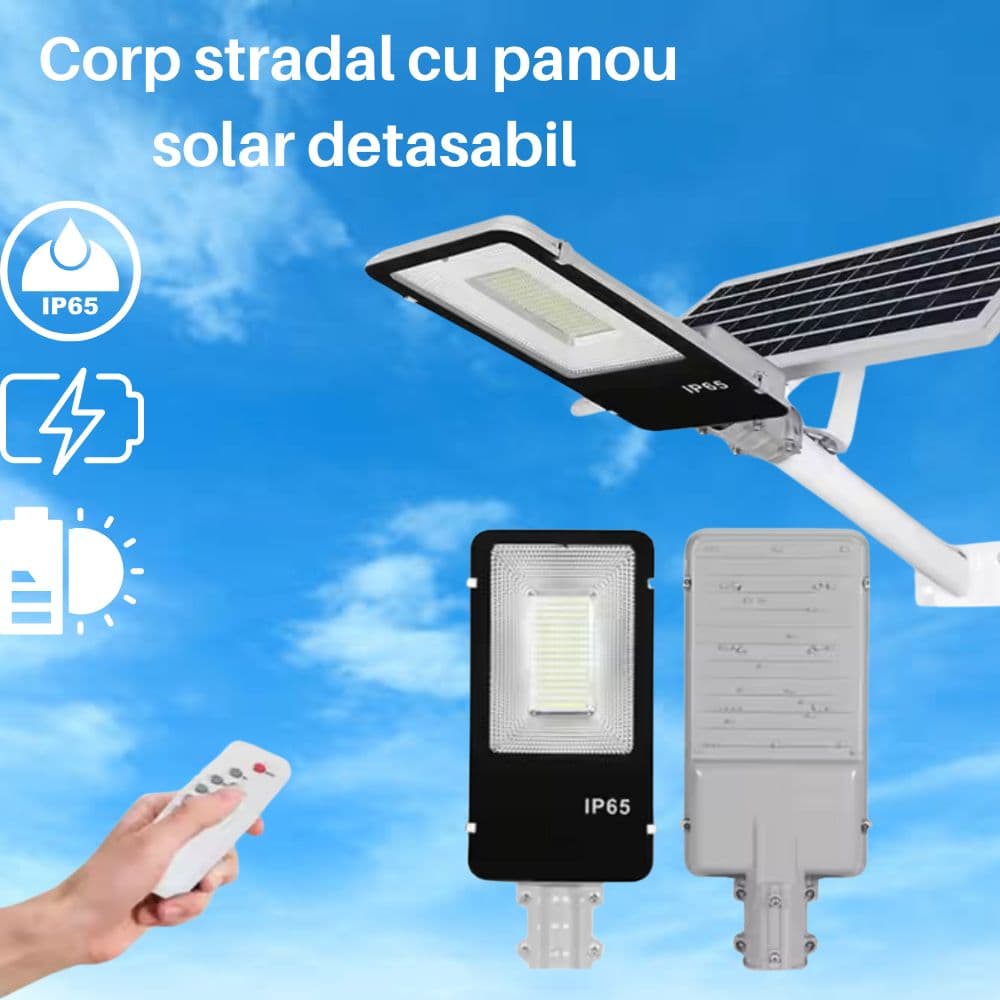 Lampa Stradala cu Panou Solar Detasabil Monocristalin 200W si telecomanda 6500k
