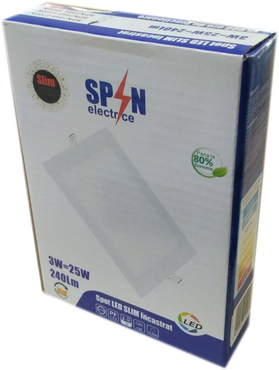 Spot Led Slim incastrat Patrat 85x85mm, 3W=25W, 6400K, lumina rece