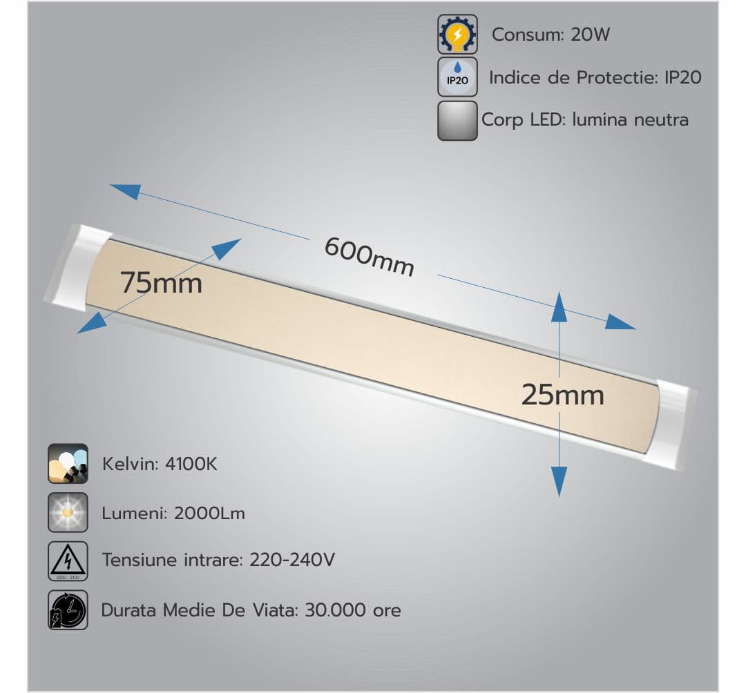 Corp Led Fida aluminiu, 20W=40W, 4100K, lumina neutra