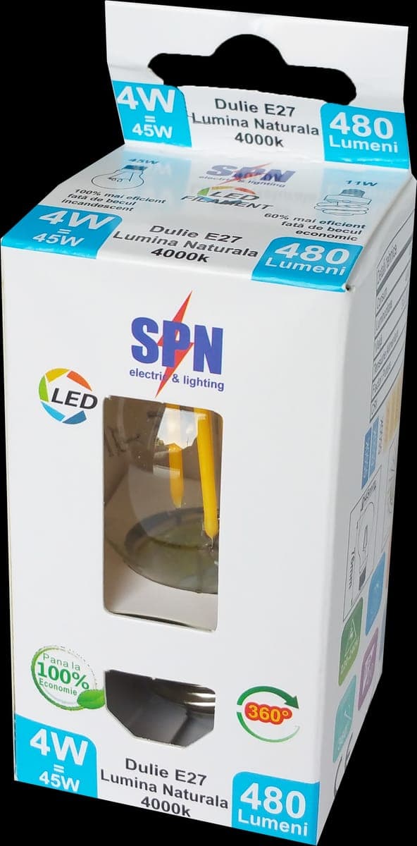 Bec Filament Sferic E27, 4W=45W, 4000K, lumina neutra