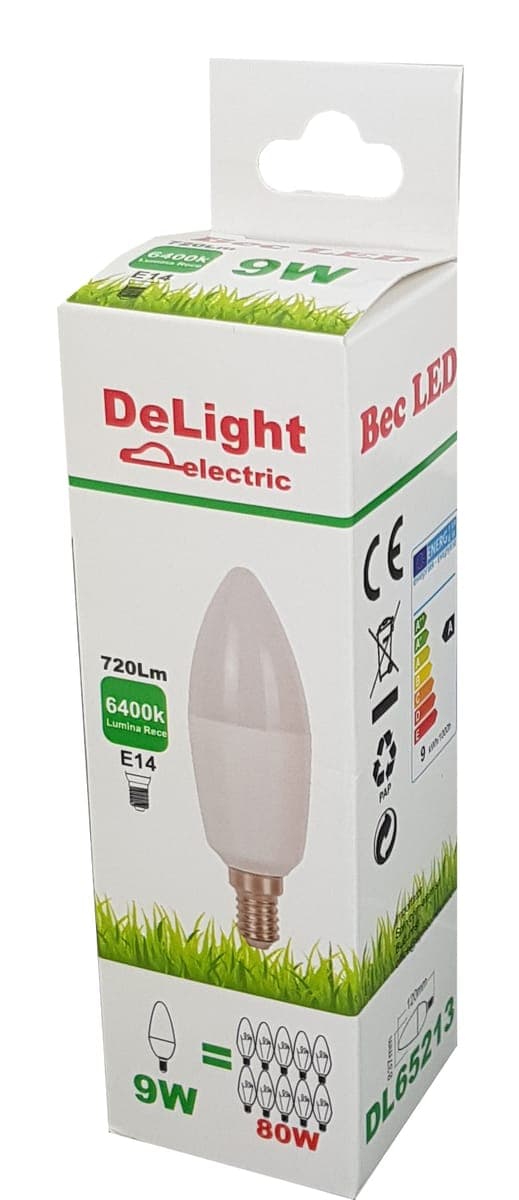 Bec Led Lumanare E14, model C37, 9W=80W, lumina calda