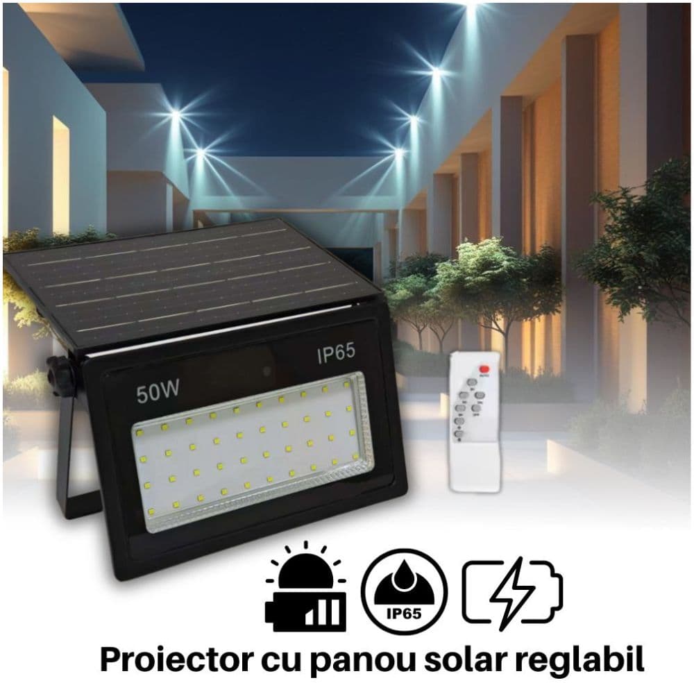 Proiector cu panou solar integrat 100W, 285x175x52mm, 1300lm, IP65, 6500K