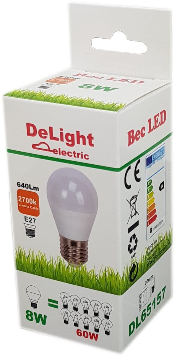 Bec Led Sferic E27, model G45, 8W=60W, lumina calda