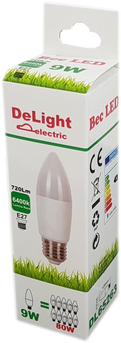 Bec Led Lumanare E27 dl C37, 9W=80W, lumina rece