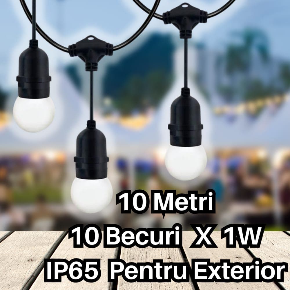 Pachet ghirlandă cu pendule 10m, E27, IP65, 10 becuri LED lumina rece - SPIN