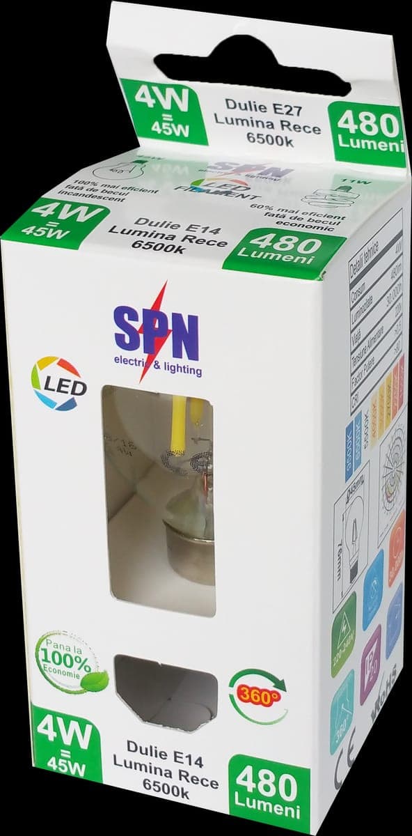 Bec Filament Sferic E14, 4W=45W, 6500K, lumina rece