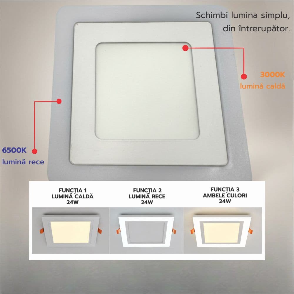 Spot LED Patrat Doua Culori  6+3W 3000k-6500k  Trei Functii