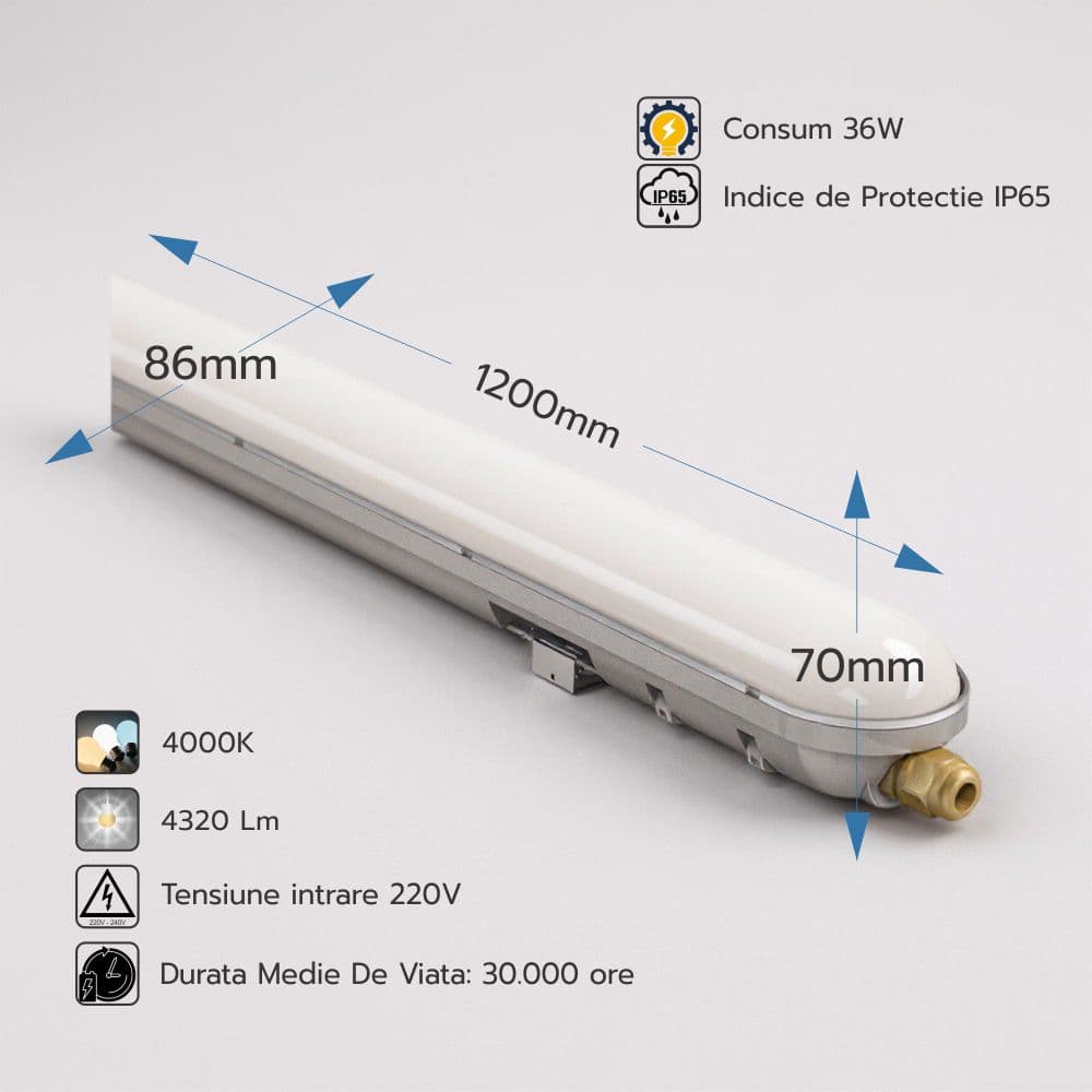 Corp LED 36=72W 4100K lumina neutra IP65 1200mm 5ANI