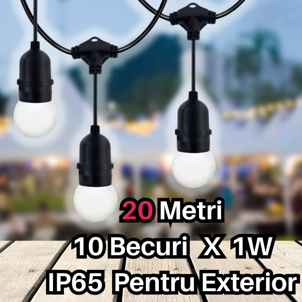 Pachet ghirlandă cu pendule 20m E27 IP65 și 20 becuri LED 1W SPIN