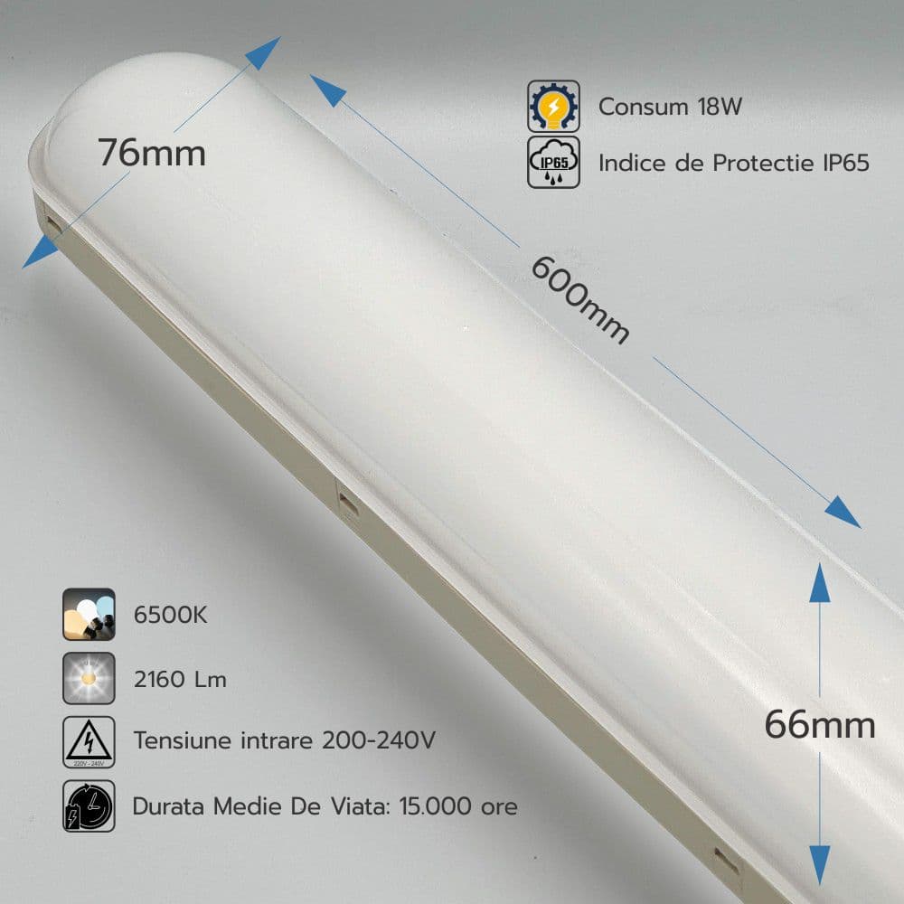 Corp Led IP65 18W=36W, 6500K, lumina rece, cu protectie la apa, 600Mm