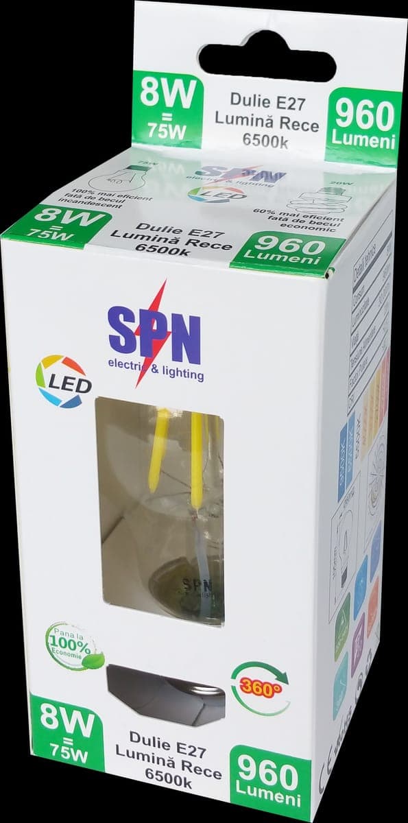 Bec Filament E27, model A55, 8W=75W, 6500K, lumina rece