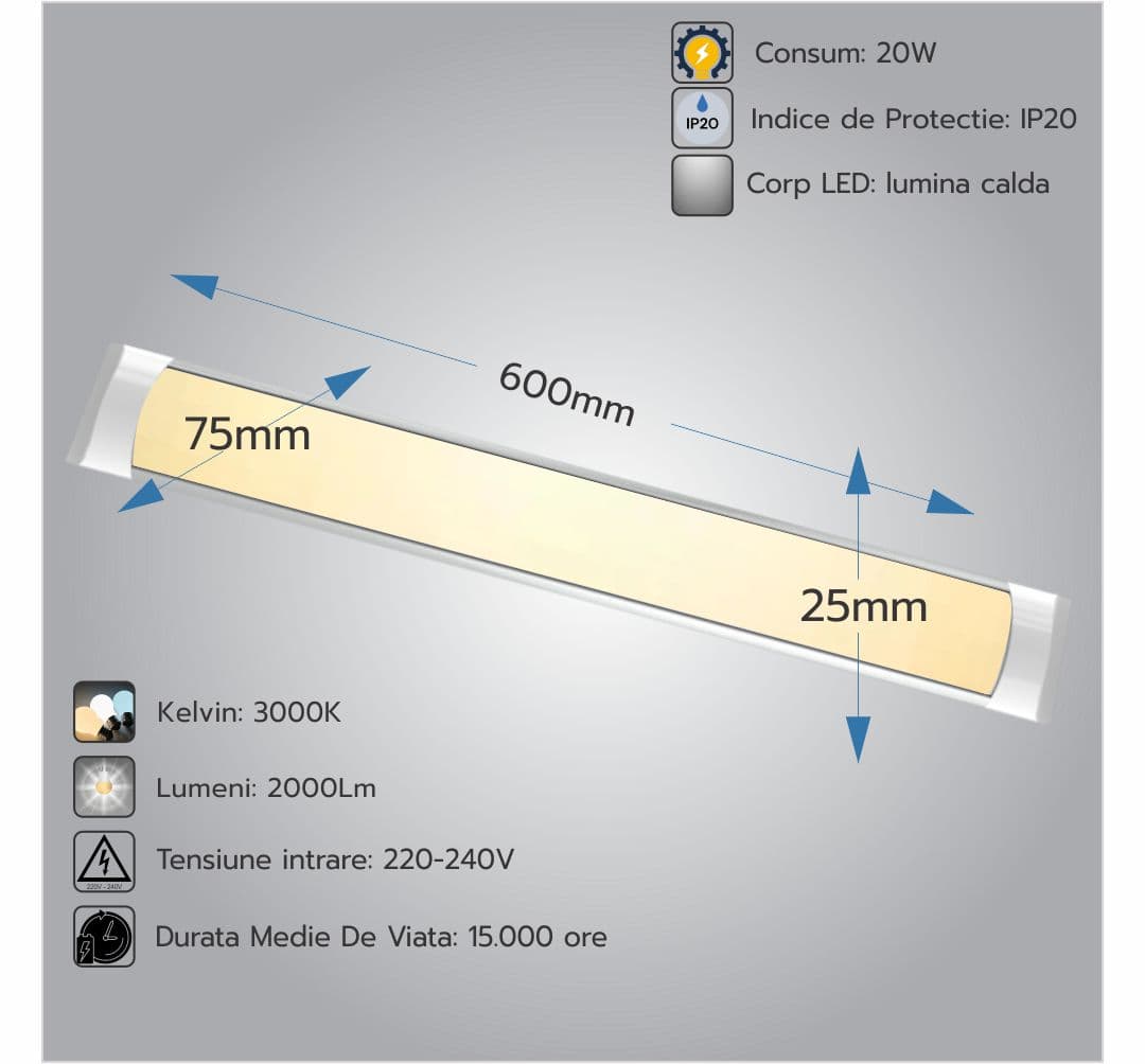 Corp Led Fida aluminiu, 20W=40W, 3000K, lumina calda