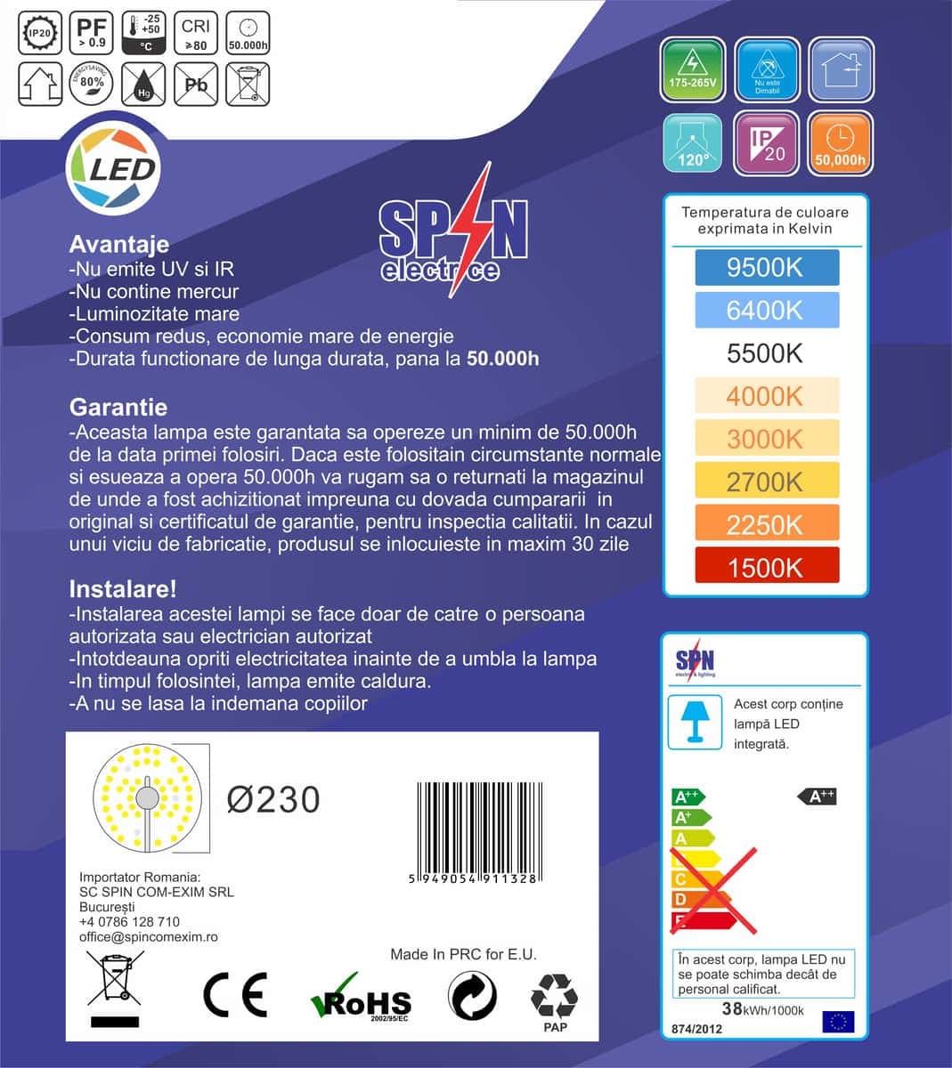 Modul Led pt Aplica Fi230, 38W=350W, 6000K, lumina rece