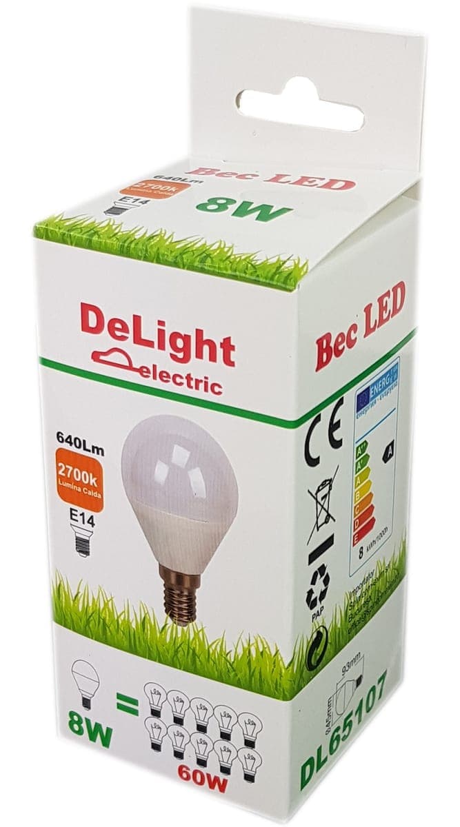 Bec Led Sferic E14, model G45, 8W=60W, lumina calda
