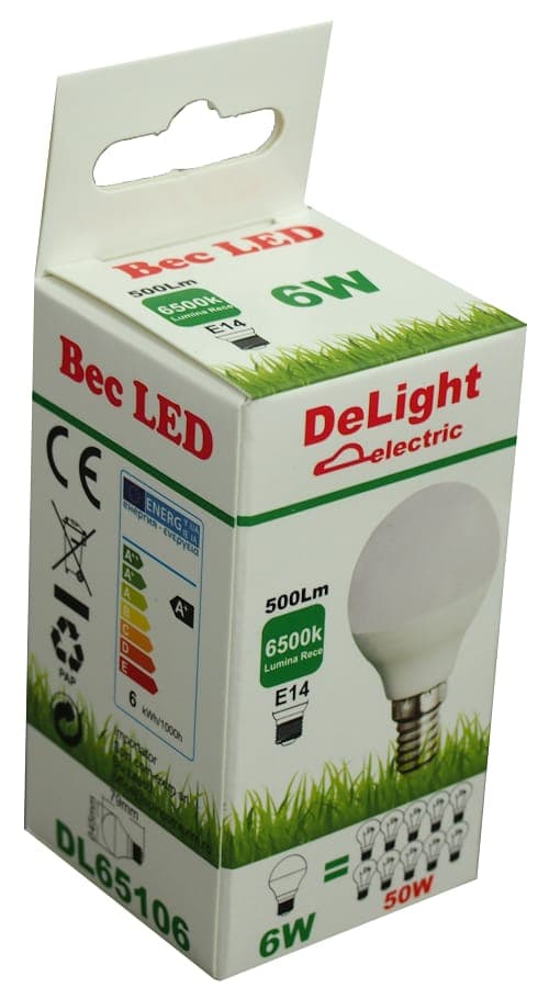 Bec Led Sferic E14, model G45, 6W=50W, lumina rece